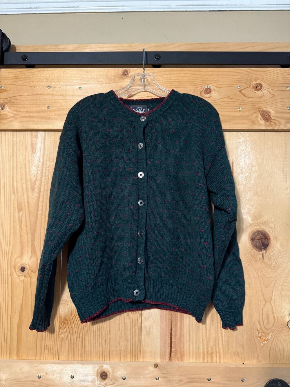Woolrich Vintage Cardigan 100% Wool Green Red Knit Size M Women’s VTG Natural